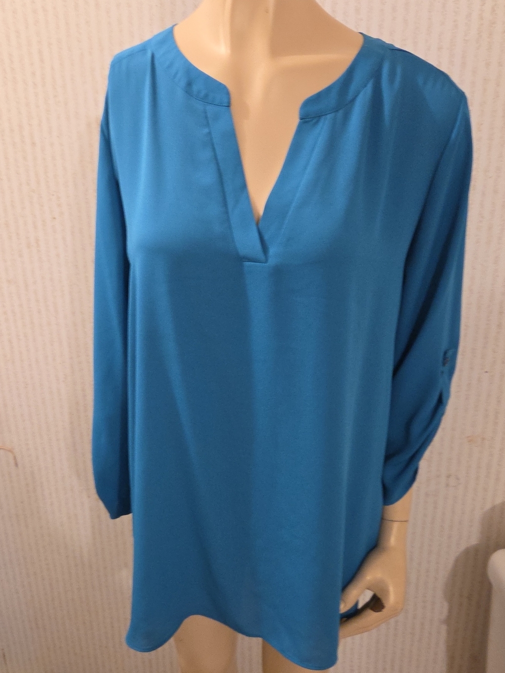 Chaus Teal Blue Split-Neck Long Sleeve Tunic